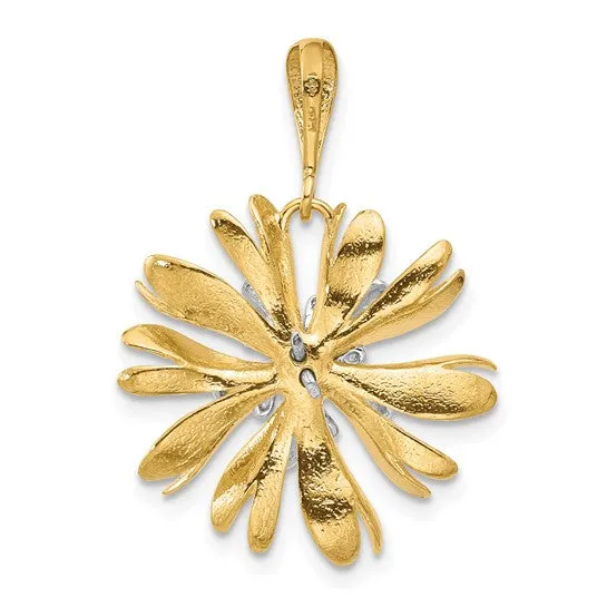14K Two-Tone Polished and Textured Diamond Flower Pendant