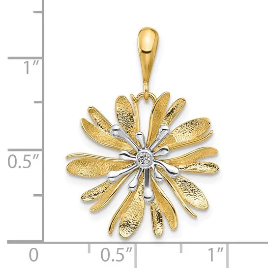 14K Two-Tone Polished and Textured Diamond Flower Pendant