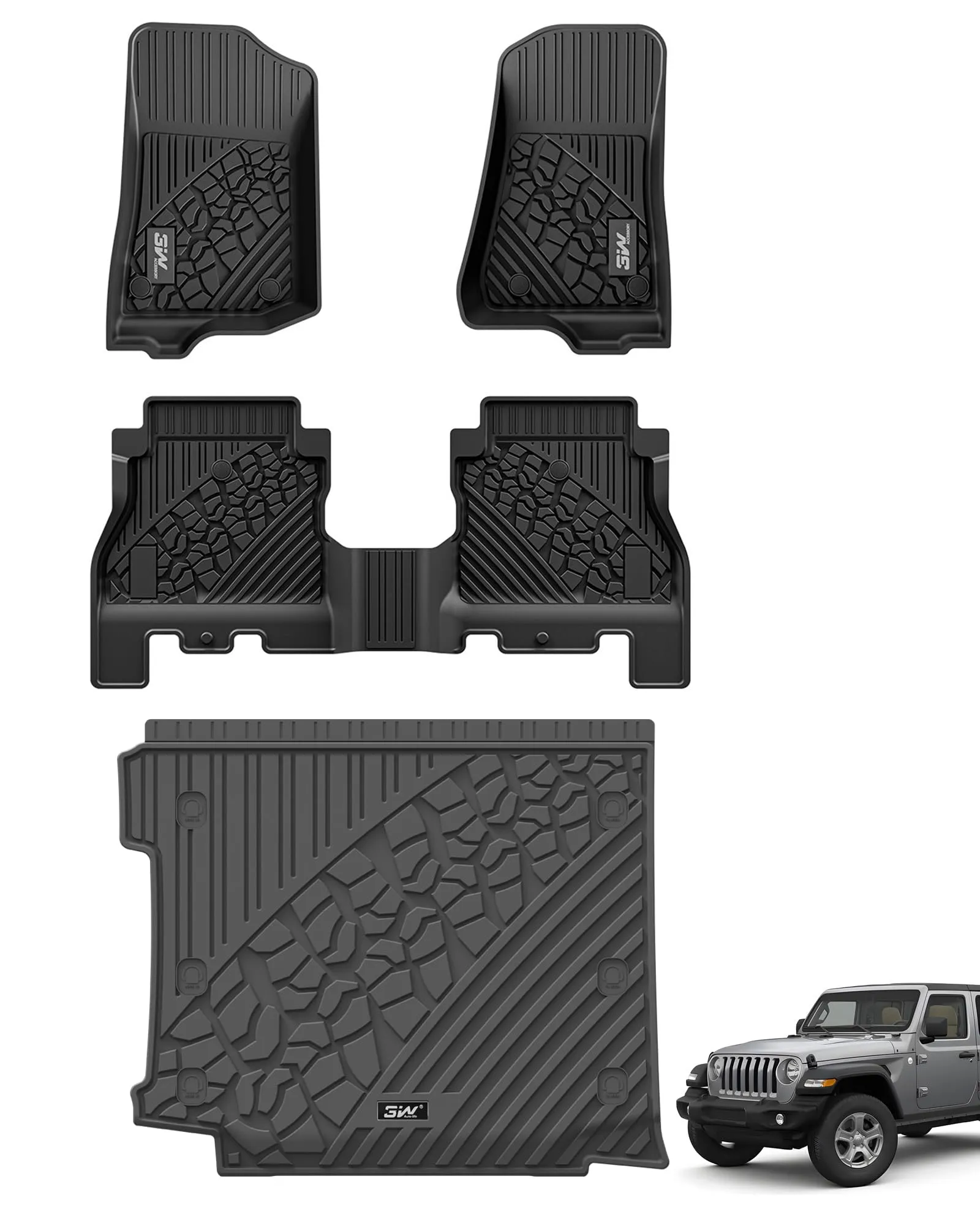 3W Jeep Wrangler JL (Non JK or 4XE) 2018-2023 Custom Floor Mats / Trunk Mat TPE Material & All-Weather Protection