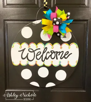 Black & White Polka Dot - Welcome - Plaque Door Hanger
