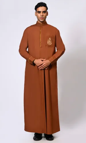 Elevated Elegance: Embroidered Men's Brown Thobe with Contrast Accents