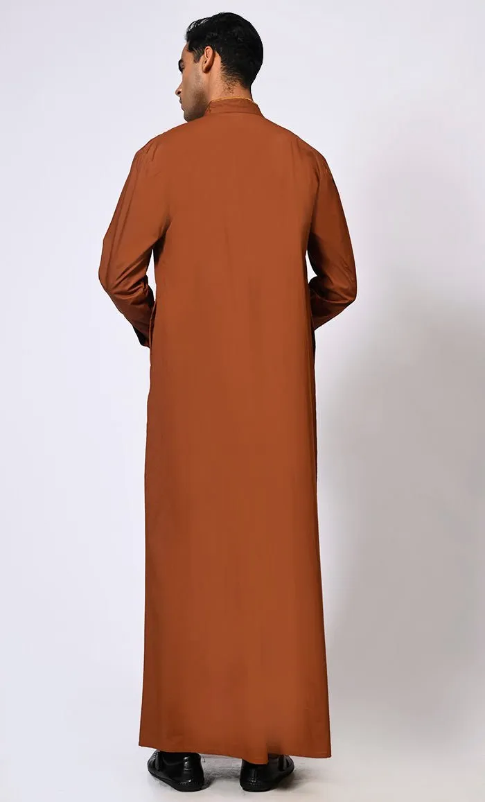 Elevated Elegance: Embroidered Men's Brown Thobe with Contrast Accents