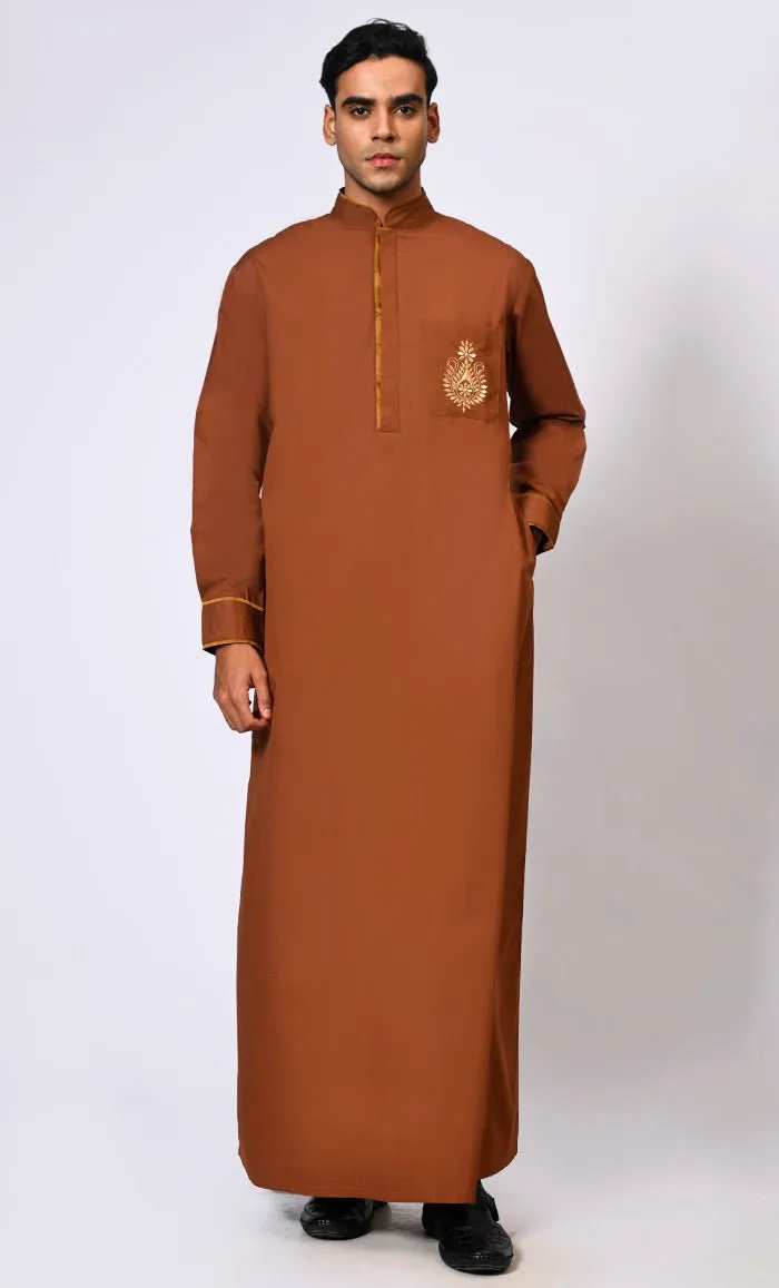 Elevated Elegance: Embroidered Men's Brown Thobe with Contrast Accents