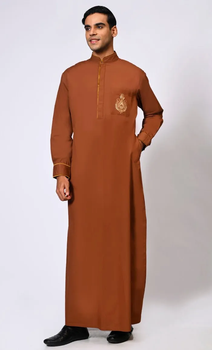 Elevated Elegance: Embroidered Men's Brown Thobe with Contrast Accents